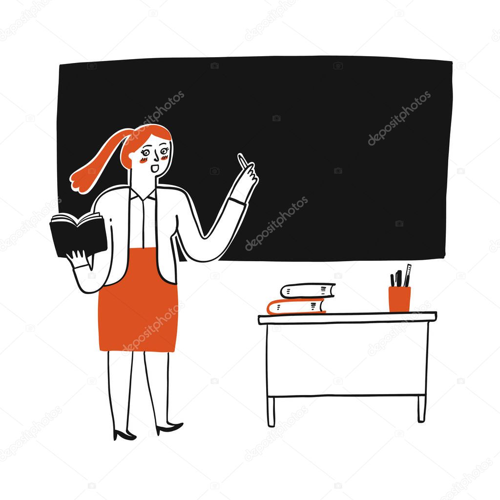 Collection of hand drawn a female teacher teaching on the black board.