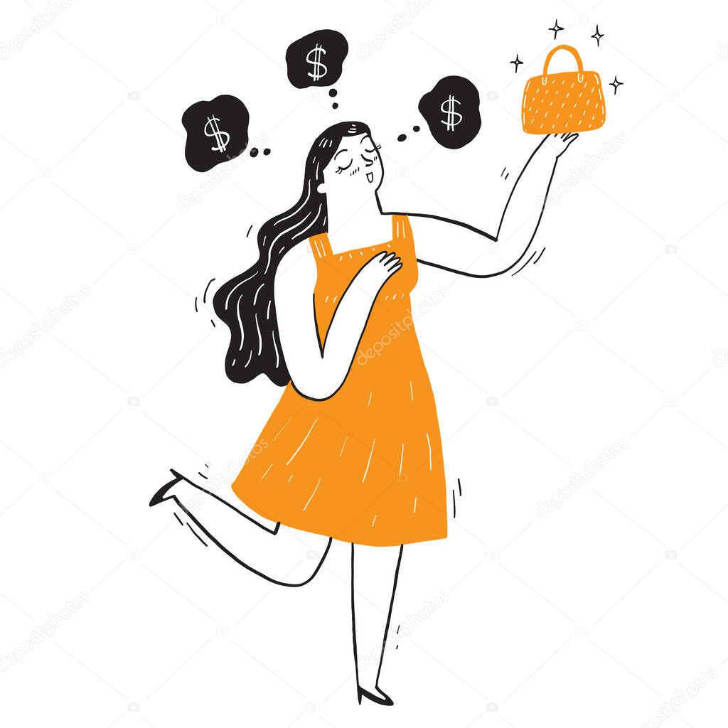 Pretty woman with her new bag with a bubble dreaming of money. Vector Illustration doodle style.