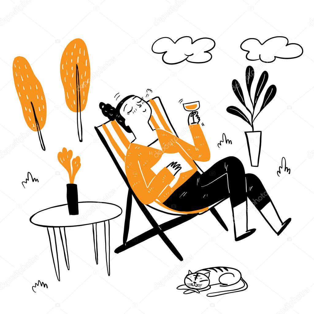 Pretty woman sitting in a deck chair drinking fancy cocktail, wearing a long sleeve shirt, big smile happy in a relaxed. Hand drawing vector illustration doodle style