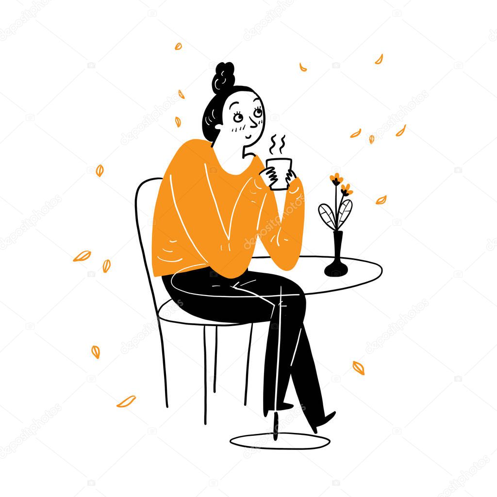 The young pretty woman relaxing cafe drinking for a coffee, Vector Illustration cartoon doodles style