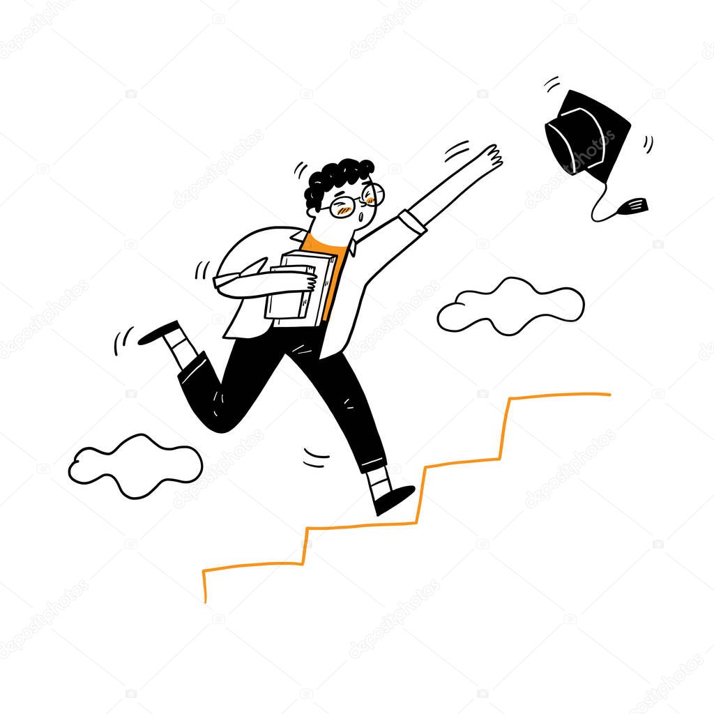 The young man running up to the stair for grabbing graduation cap, Vector Illustration cartoon doodles style