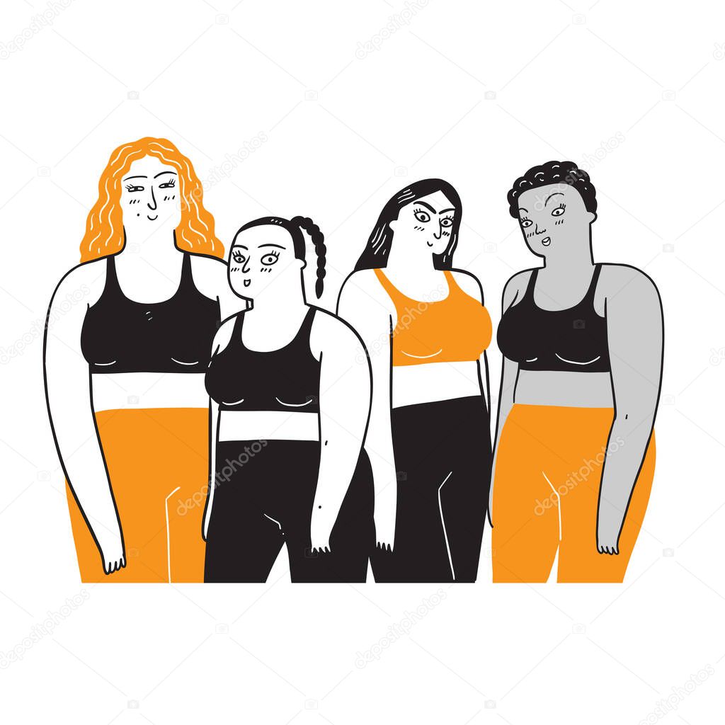 A group of women who are diverse in ethnicity and skin color. Illustration of a line art doodle style