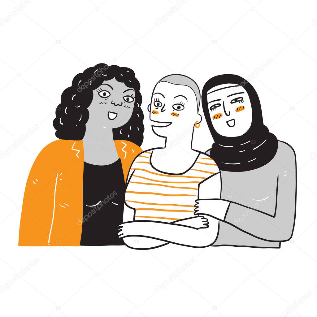 A group of women who are diverse in ethnicity and skin color. Illustration of a line art doodle style