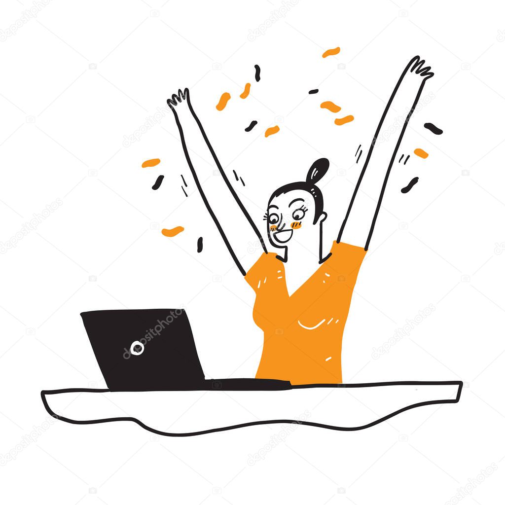 Portrait of an excited young girl with laptop computer and celebrating success isolated over yellow background, Hand drawn Vector Illustration doodle style