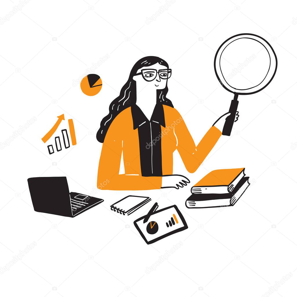 Illustration of a research businessman, Hand drawn Vector Illustration doodle style