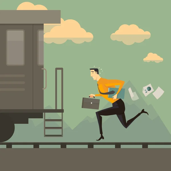 Hombre corriendo tras el tren . — Vector de stock