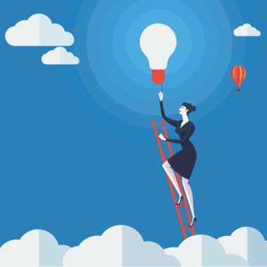 Young woman turn on the lights on a ladder above cloud. Vector Illustration Business concept a ladder Corporate of success.