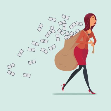 Young woman in casual carrying heavy money bag business concepts,vector illustration.