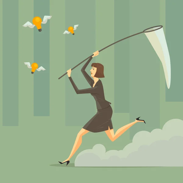 Young woman with a sweep net at green forest. Business concept for success. — Stock vektor