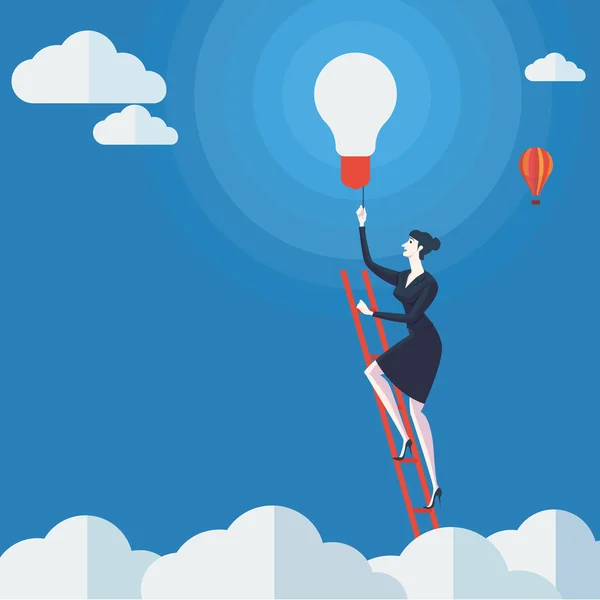 Young woman turn on the lights on a ladder above cloud. Vector Illustration Business concept a ladder Corporate of success. — Stok Vektör