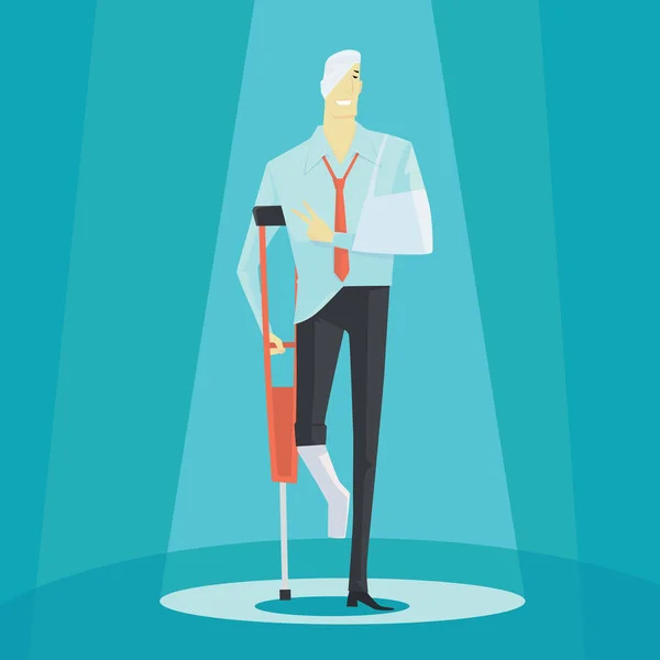 Businessman on crutches of an injured, full length portrait. Vector illustration business concept. — Stock Vector