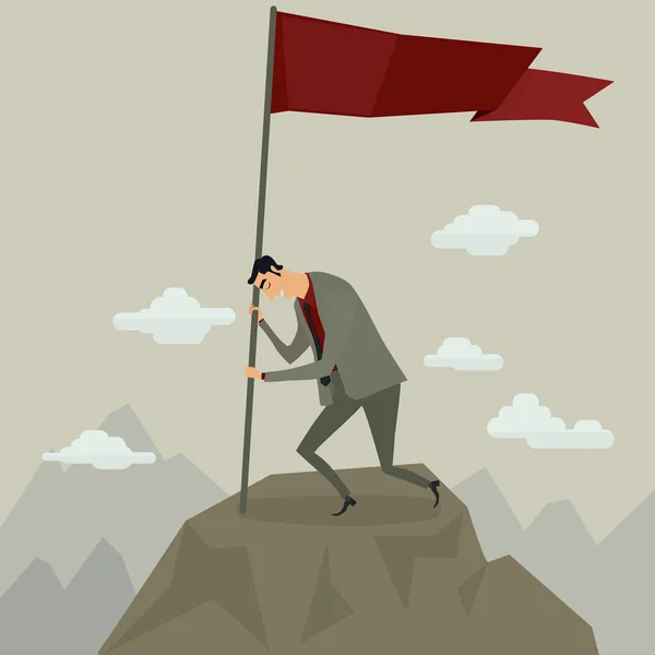 Pebisnis memegang bendera di puncak gunung setelah sukses dan menantang pendakian, vektor ilustrasi . - Stok Vektor