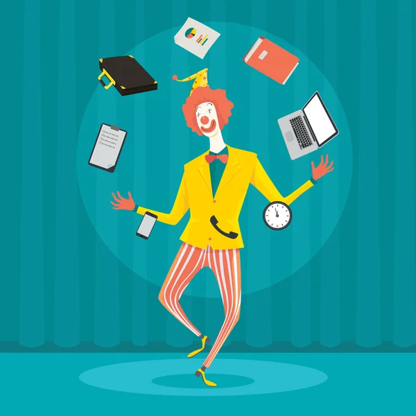 Funny clown juggling with office equipment. Creative vector cartoon illustration on make money and wealth management concept. — Stock vektor
