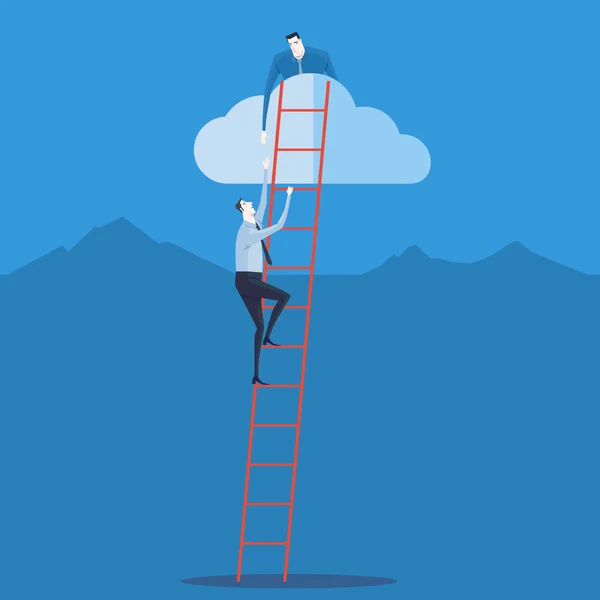 Businessman climbing up a ladder to cloud.