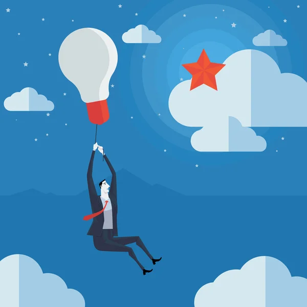 Businessman flying in air balloon with light bulb see the stars.