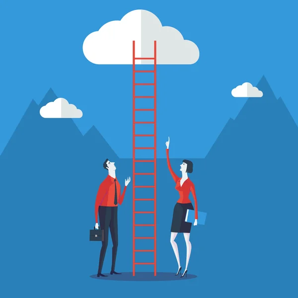 Businessman look up a ladder to cloud over blue background. Vector Illustration Business concept a ladder Corporate of success. — Stock Vector