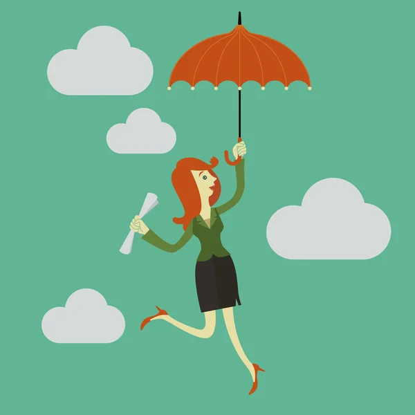 Business woman skärmflygning i himlen med ett paraply. — Stock vektor