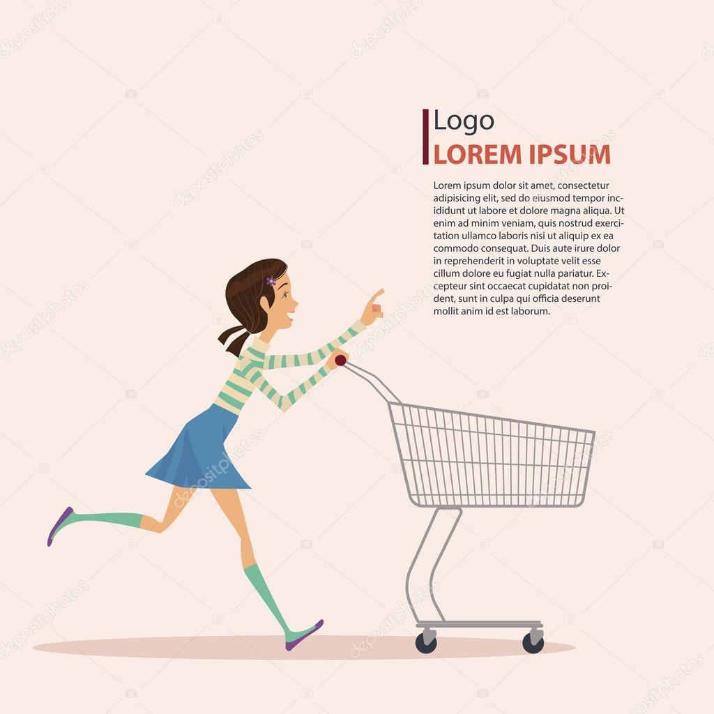 The girl in casual wear with shopping cart, vector illustration.