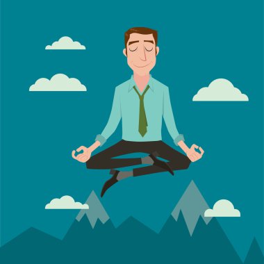 İşadamı gökyüzünde konumlandırmak için herhangi bir ruhsal ve iç barış iş kavramları, vektör çizim huzur içinde meditasyon.