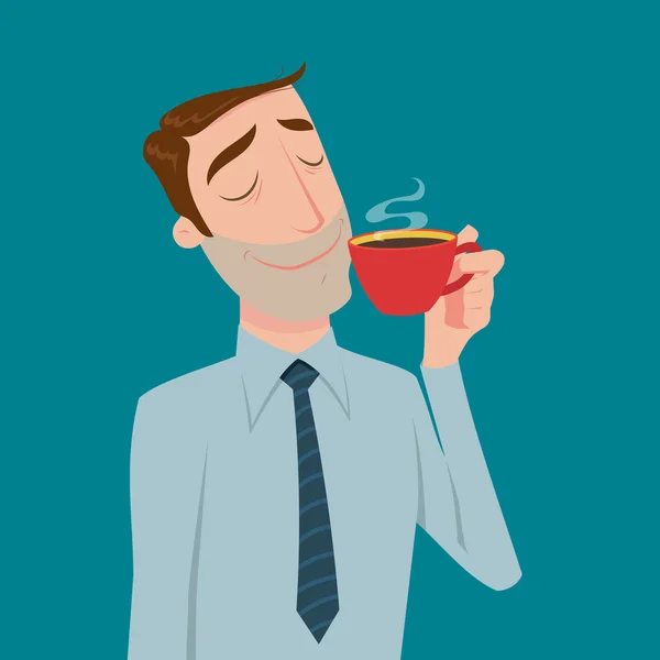 Businessman drinking coffee, tea break time in bright office. — Stock Vector