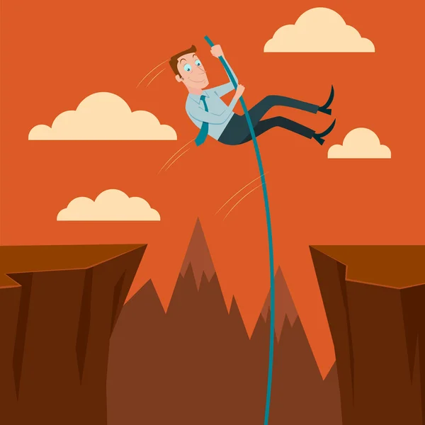 Businessman crossing the chasm with the pole vault. Vector Illustration. — Stock Vector