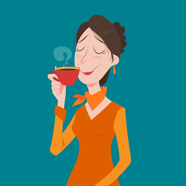 Joven mujer de negocios bebiendo café, hora del descanso del té en la oficina brillante . — Vector de stock