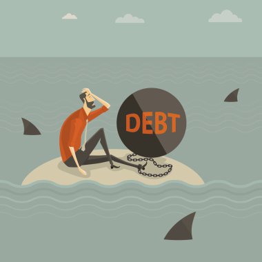 Abstract business concept of despondent, The man be trapped on the island, with a chain tied to the large steel letter DEBT, surrounded by sharks. Vector illustration cartoon modern style. clipart