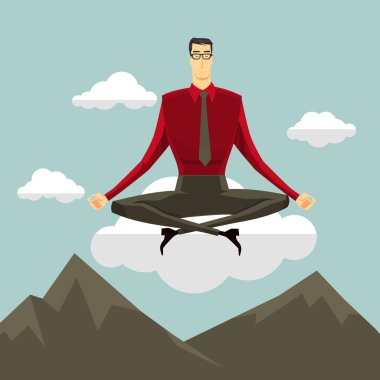 İşadamı herhangi bir ruhsal ve iç barış iş kavramları, vektör çizim modern tarzı için huzur içinde meditasyon gökyüzü konumunda.