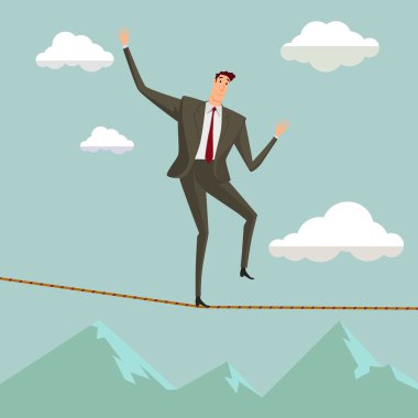 İşadamı veya ip üzerinden mavi gökyüzü arka plan, metafor için iş, tehlike, risk, riskli, finans, Sonbahar, tehlikeli, denge, tehlike veya başarı üzerinde dengede yürüyüş kriz erkekte kavramsal kavramı.