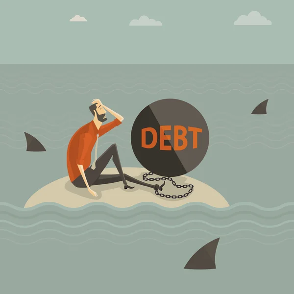 Abstract business concept of despondent, The man be trapped on the island, with a chain tied to the large steel letter DEBT, surrounded by sharks. Vector illustration cartoon modern style. — Stock Vector