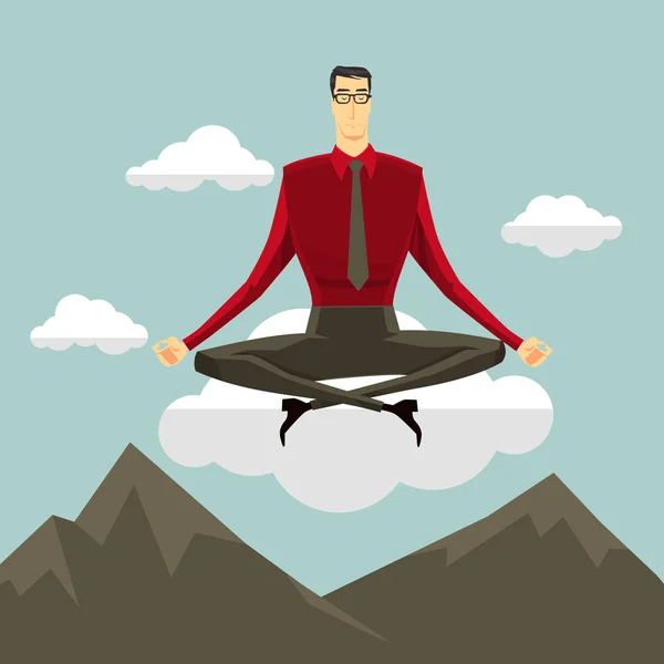 İşadamı herhangi bir ruhsal ve iç barış iş kavramları, vektör çizim modern tarzı için huzur içinde meditasyon gökyüzü konumunda.