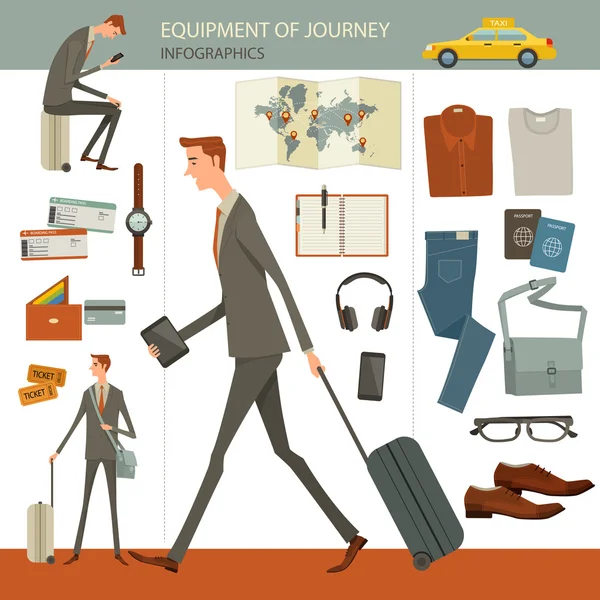 Infografías de viajes de negocios y concepto de viaje, diseño plano, carácter de hombre de negocios, objetos Diferentes objetos aislados sobre fondo blanco . — Archivo Imágenes Vectoriales