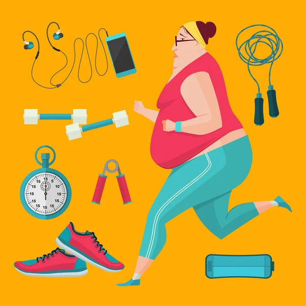Obez kadınların kilo vermek koşu. Vektör çizim düz stil fitness ekipmanları.