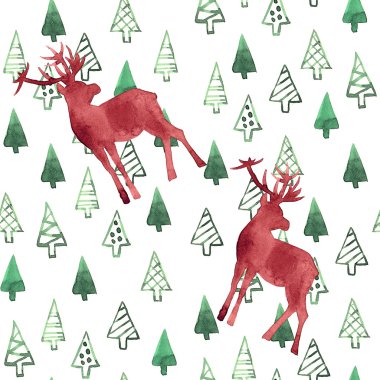 Yeşil Noel ağaçları ve beyaz zemin üzerine kırmızı geyik. Waterc