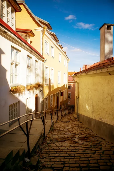 Estónia. Tallinn. Rua estreita com pavimento na cidade velha . Imagens De Bancos De Imagens Sem Royalties