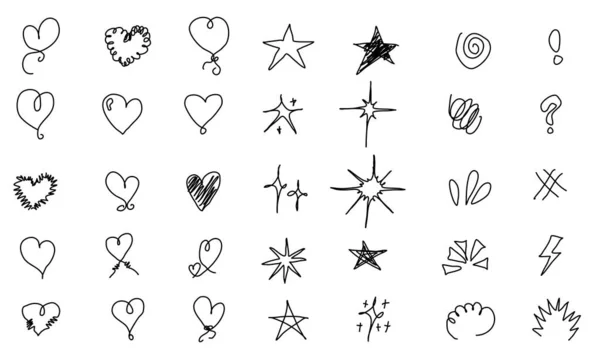 Hand drawn of Black doodle sketches of stars and hearts.