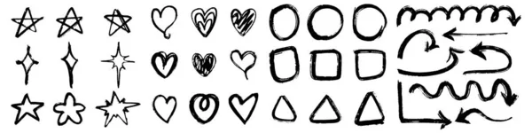 Yıldızların siyah mürekkep çizimleri kalp çemberleri üçgen okları kareler.