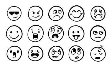 İnsani duygular gülümseyerek el çizimi seti çizer. Komik el çizimi yüzler soyut koleksiyon. Şirin bir ifade, kızgın ya da üzgün bir çizgi roman iletişimi. Vektör illüstrasyonu