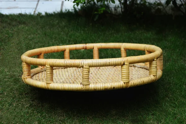 Rattan Cane Gift Basket Outdoor Background Selective Soft Focus — Stock Photo, Image