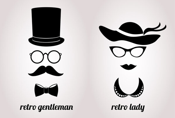 Retro lady and gentleman icon set. Vector art.