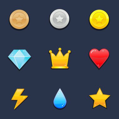 Oyun paketi ögeleri - kullanıcı arayüzü vektör simgeleri. Mücevherler, madeni paralar, kupalar vs..
