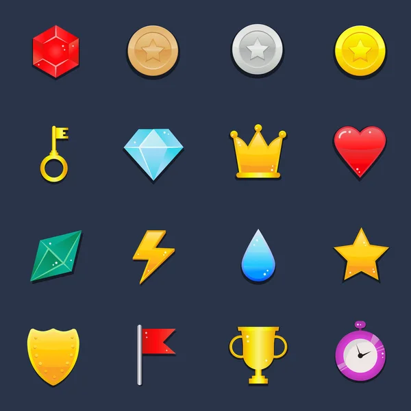 Oyun paketi ögeleri - kullanıcı arayüzü vektör simgeleri. Mücevherler, madeni paralar, kupalar vs..