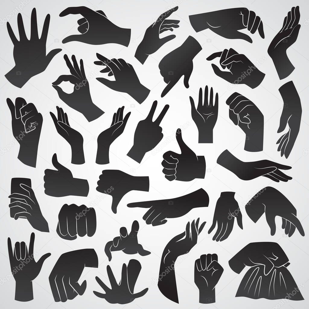 Human hand gestures - collection of black, flat, vector icons.