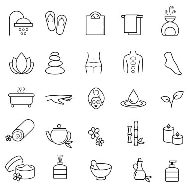 Doğrusal koleksiyon, modern tarz spa, sağlık ikonları. Vektör sanatı.
