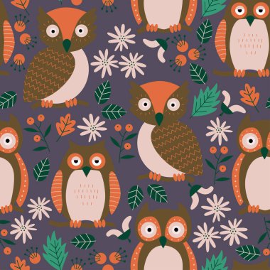 Baykuş ve orman çiçekleriyle sevimli ve komik bir desen. Çocuklar için tasarım, okul, sonbahar. Vektör deseni.
