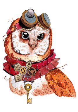 Beyaz arka planda suluboya steampunk baykuşu. Fantezi karakteri.