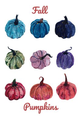 Üzerinde altın çizgiler ve lekeler olan suluboya balkabakları. Beyaz arkaplanda izole edilmiş elementler. 