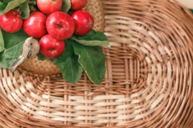 sonbahar küçük elma bir hasır sepet bir yazıt için bir yer