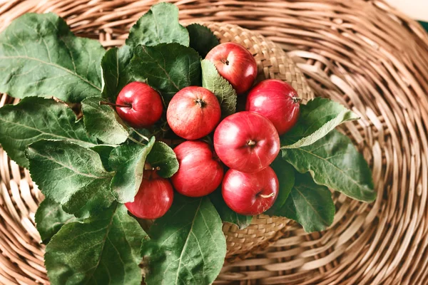 Herfst appeltjes in een rieten mand een plek voor een inscriptie — Stockfoto
