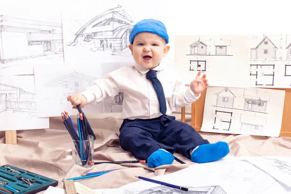 Boy pretending to be a construction worker — Stock Photo, Image